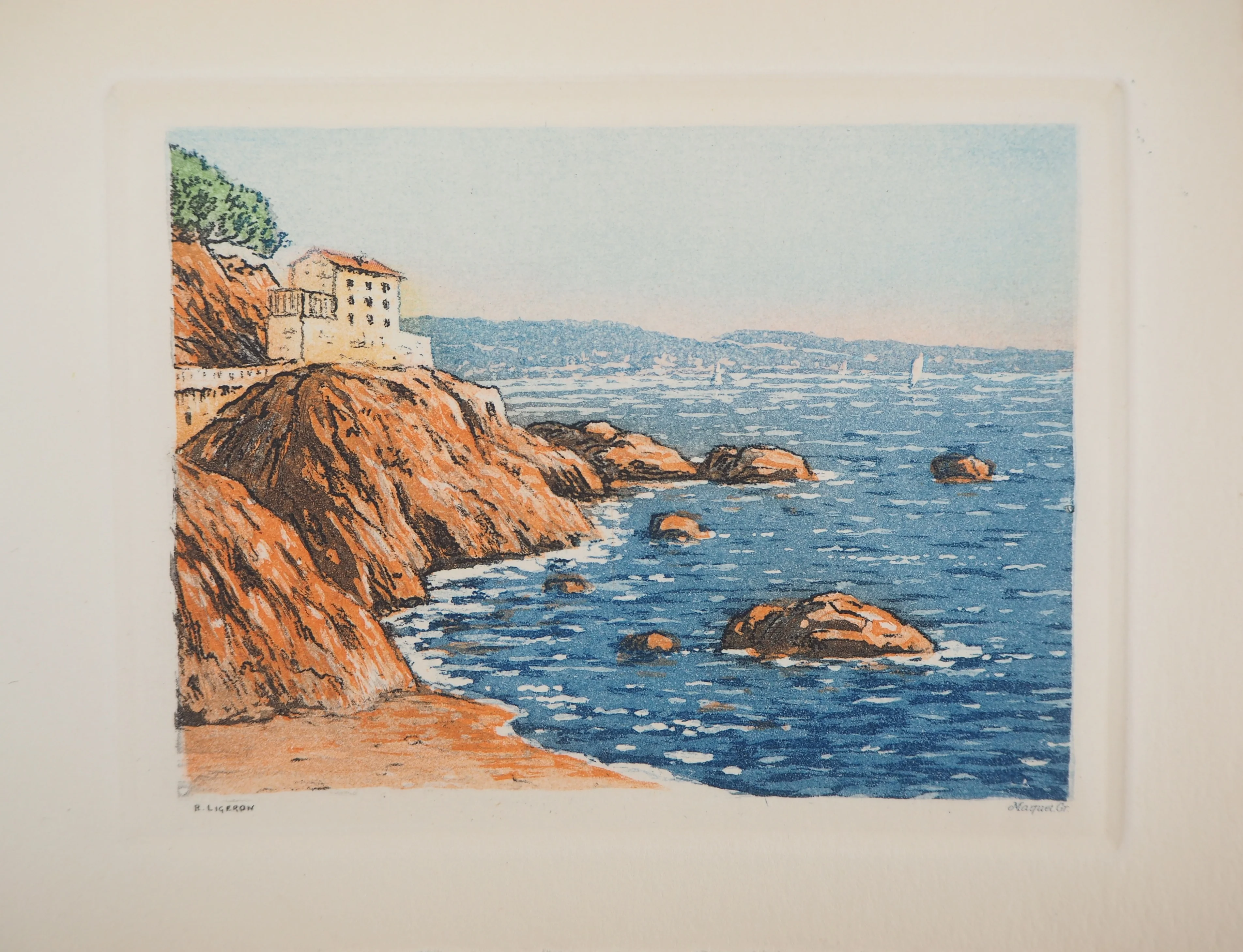 René LIGERON : Méditerranée, Maison en bord de mer, Gravure originale signée - Image 3