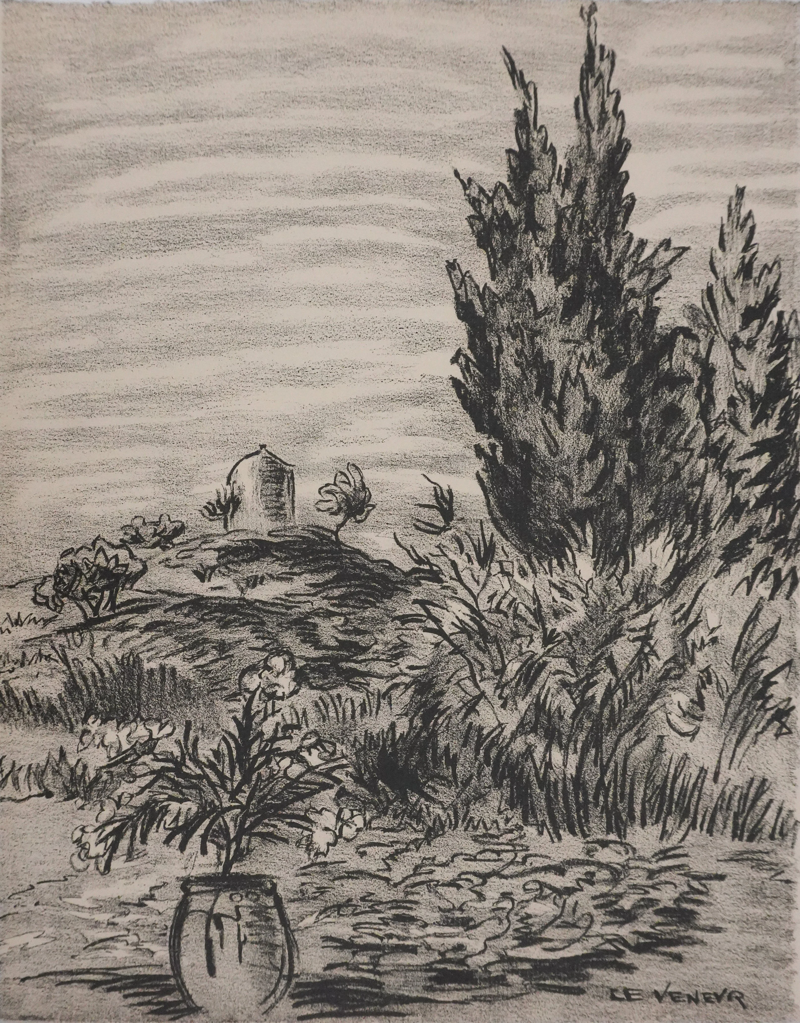 Robert LE VENEUR : Provence, Le moulin (noir), Lithographie signée