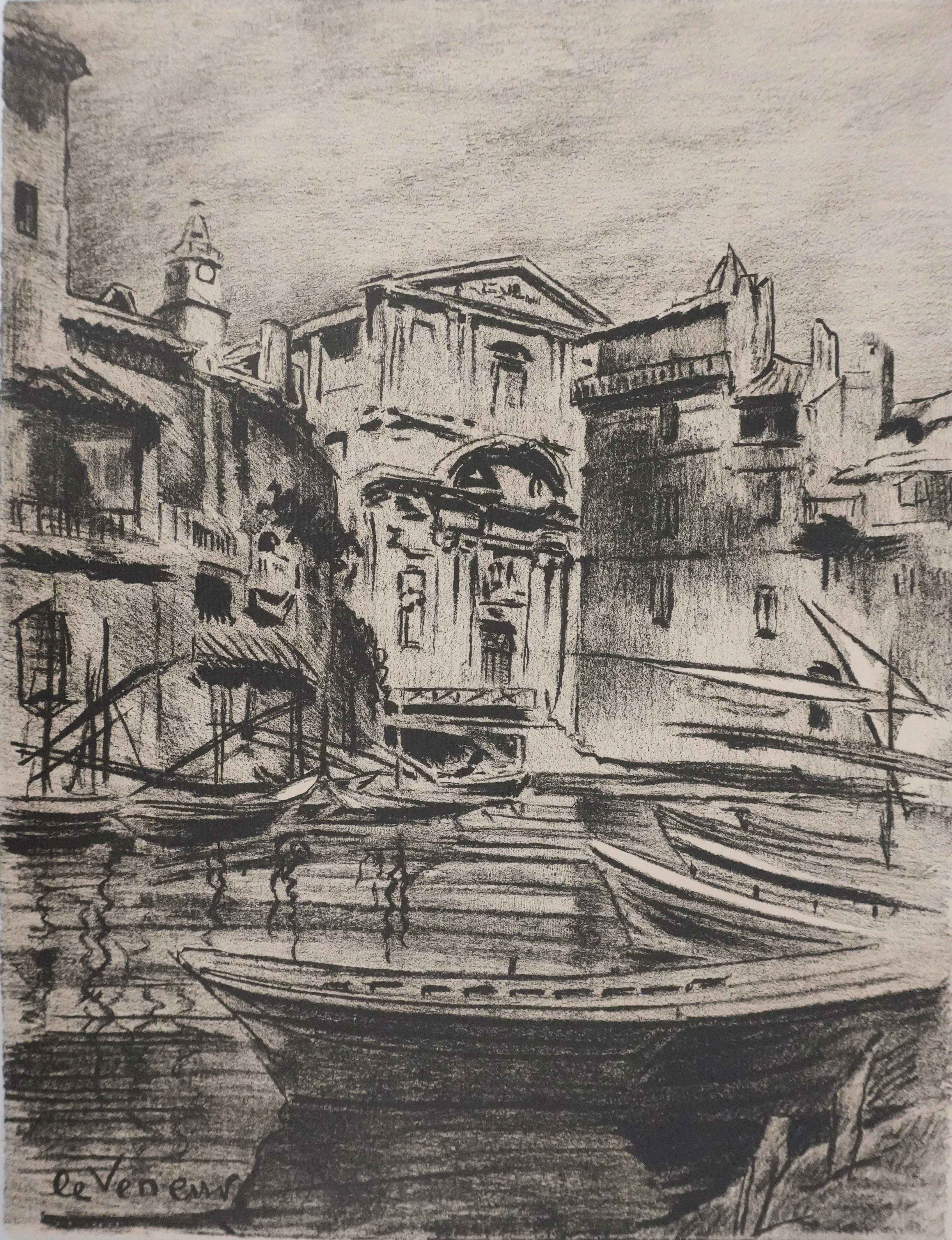 Robert LE VENEUR : Provence, L'église Sainte-Madeleine de Martigues (noir), Lithographie signée