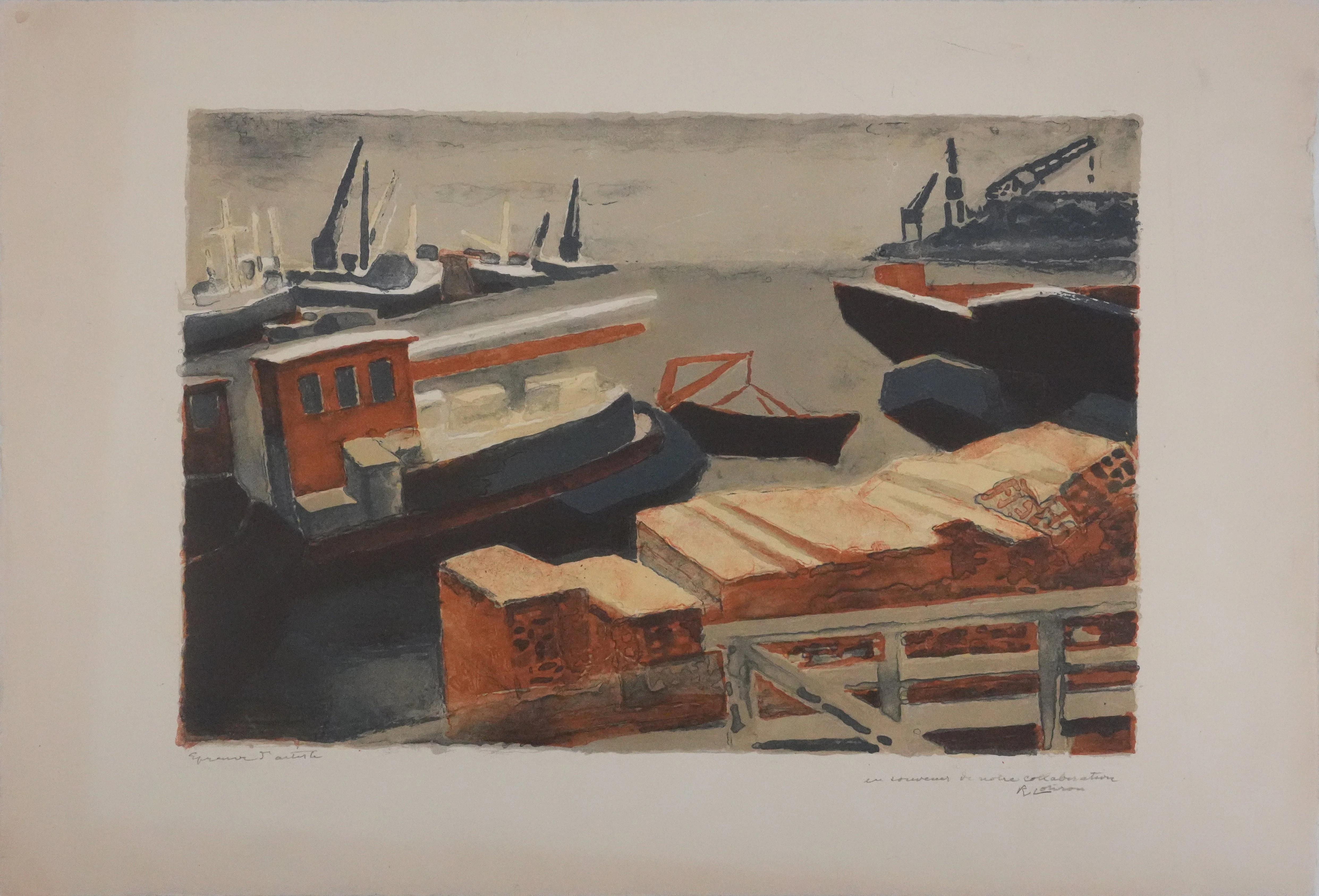 Robert LOTIRON : Sur le port, Lithographie originale signée
