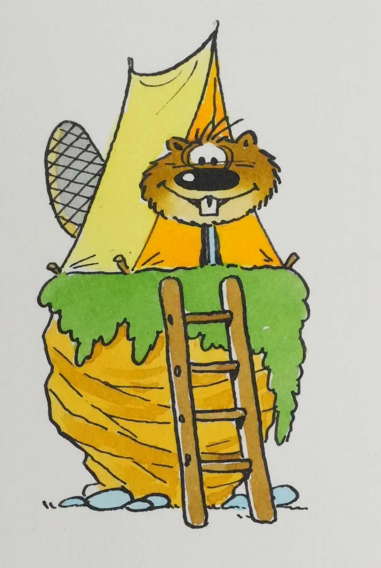 Roger BUSSEMEY : Le castor fait du camping, Aquarelle originale