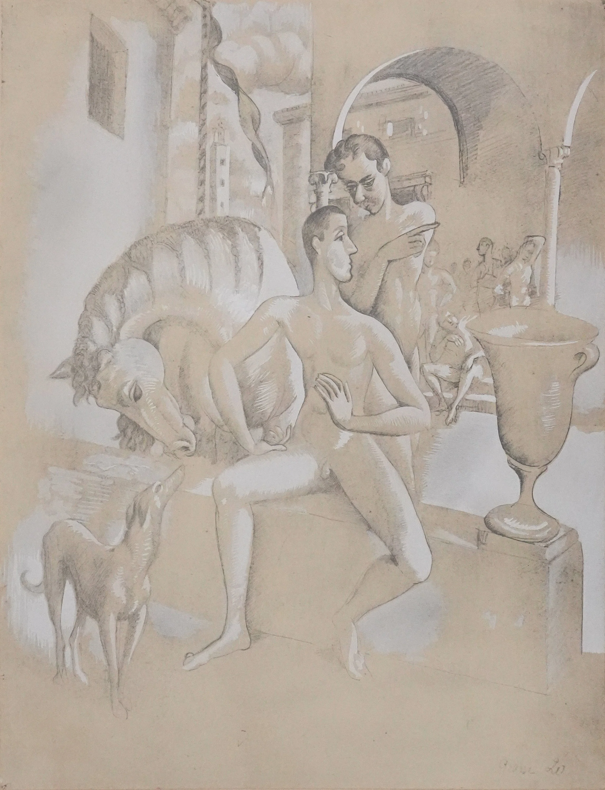 Roger de la FRESNAYE : Cheval et silhouettes masculines, Lithographie signée