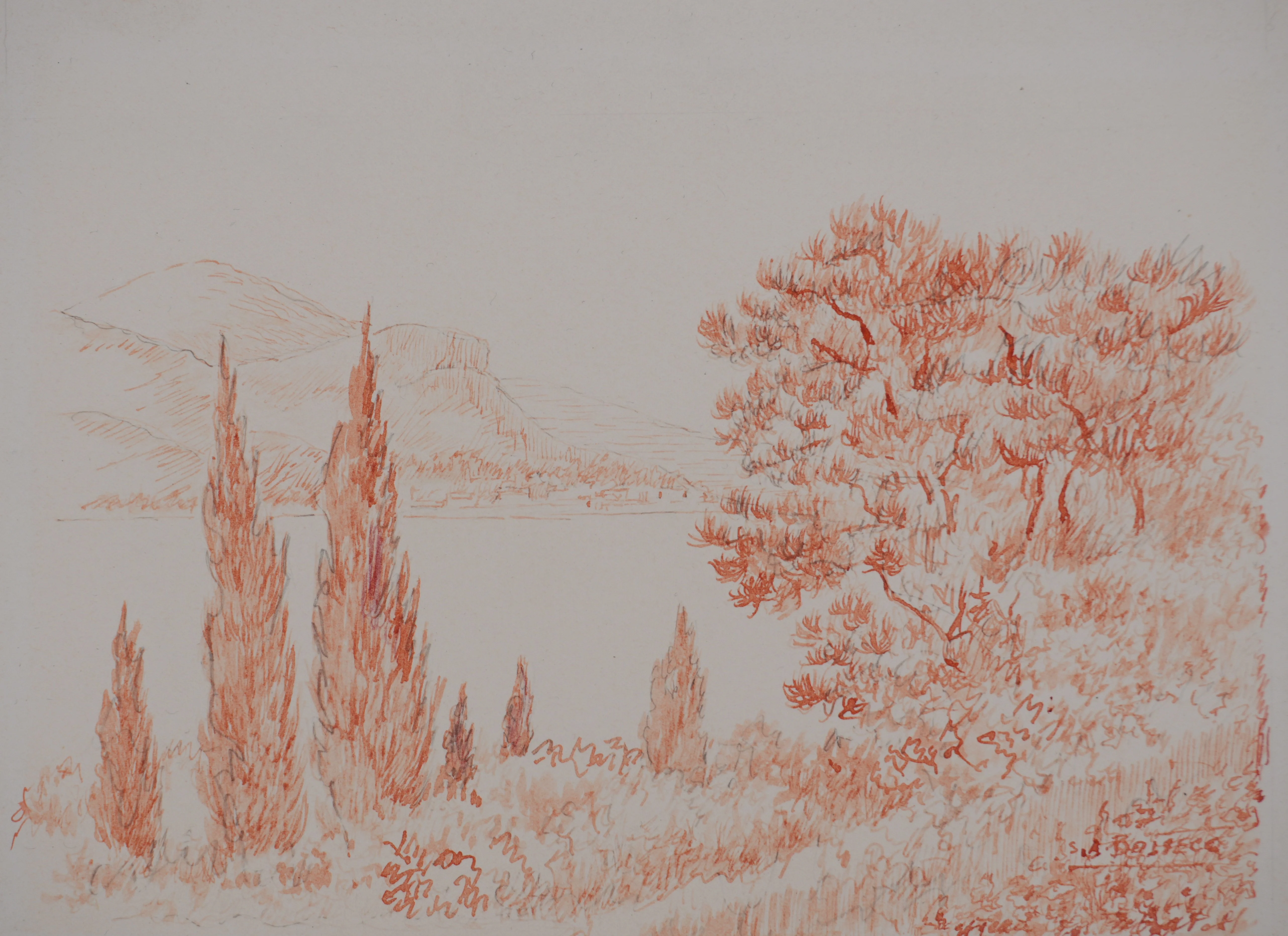 Salomon Alfred BOISECQ : Paysage aux cyprès, Dessin original signé - Image 2