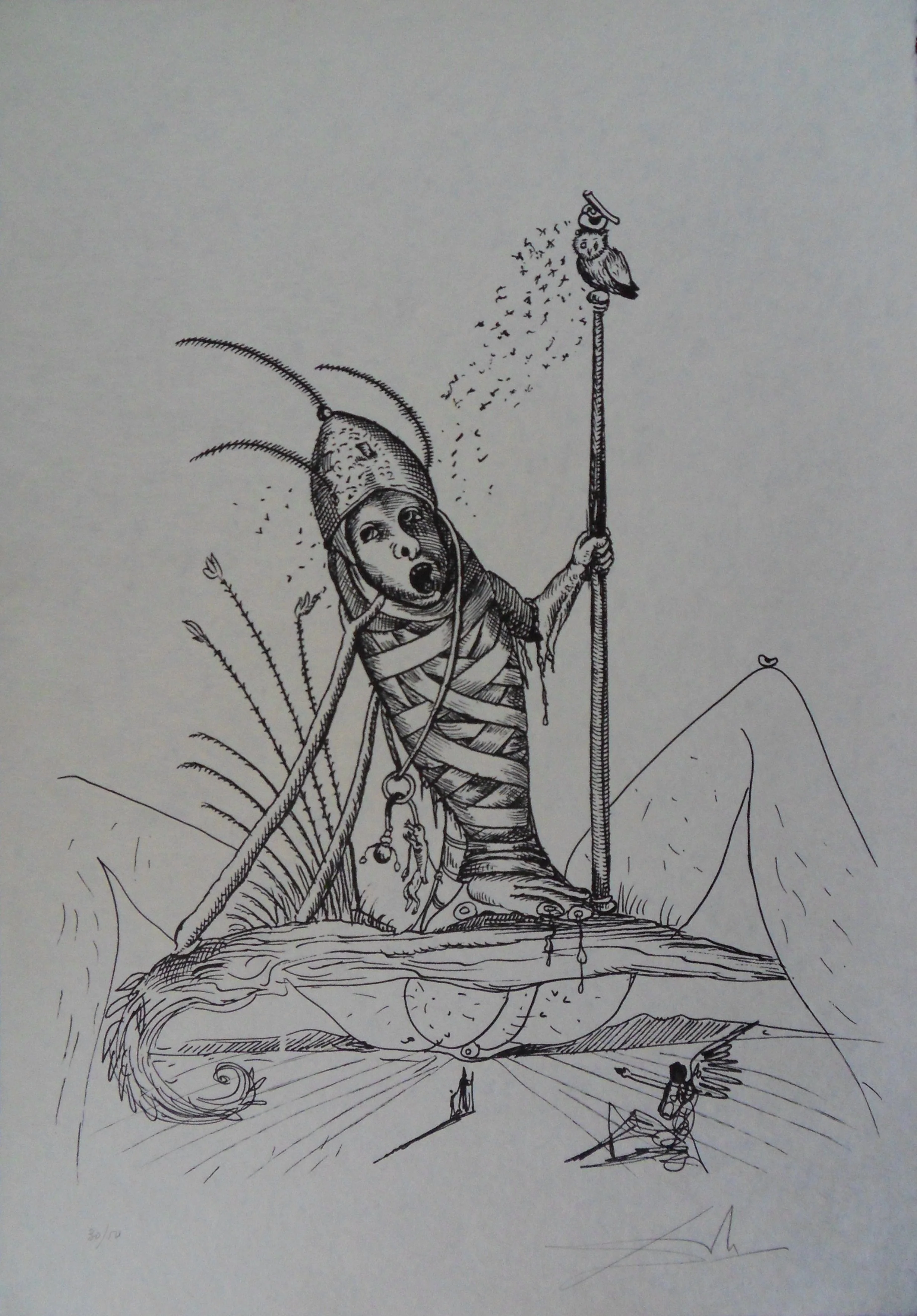 Salvador DALI : Pantagruel, Homme aux bandelettes et hibou (noir), Lithographie originale signée