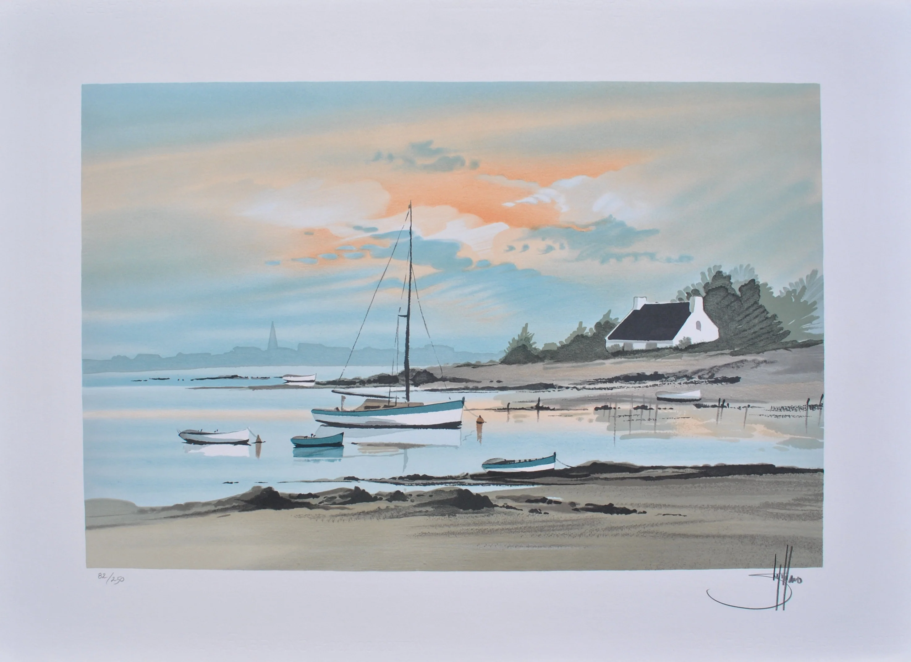 Stéphane LAURO : Petit port à Noirmoutier, Lithographie originale signée