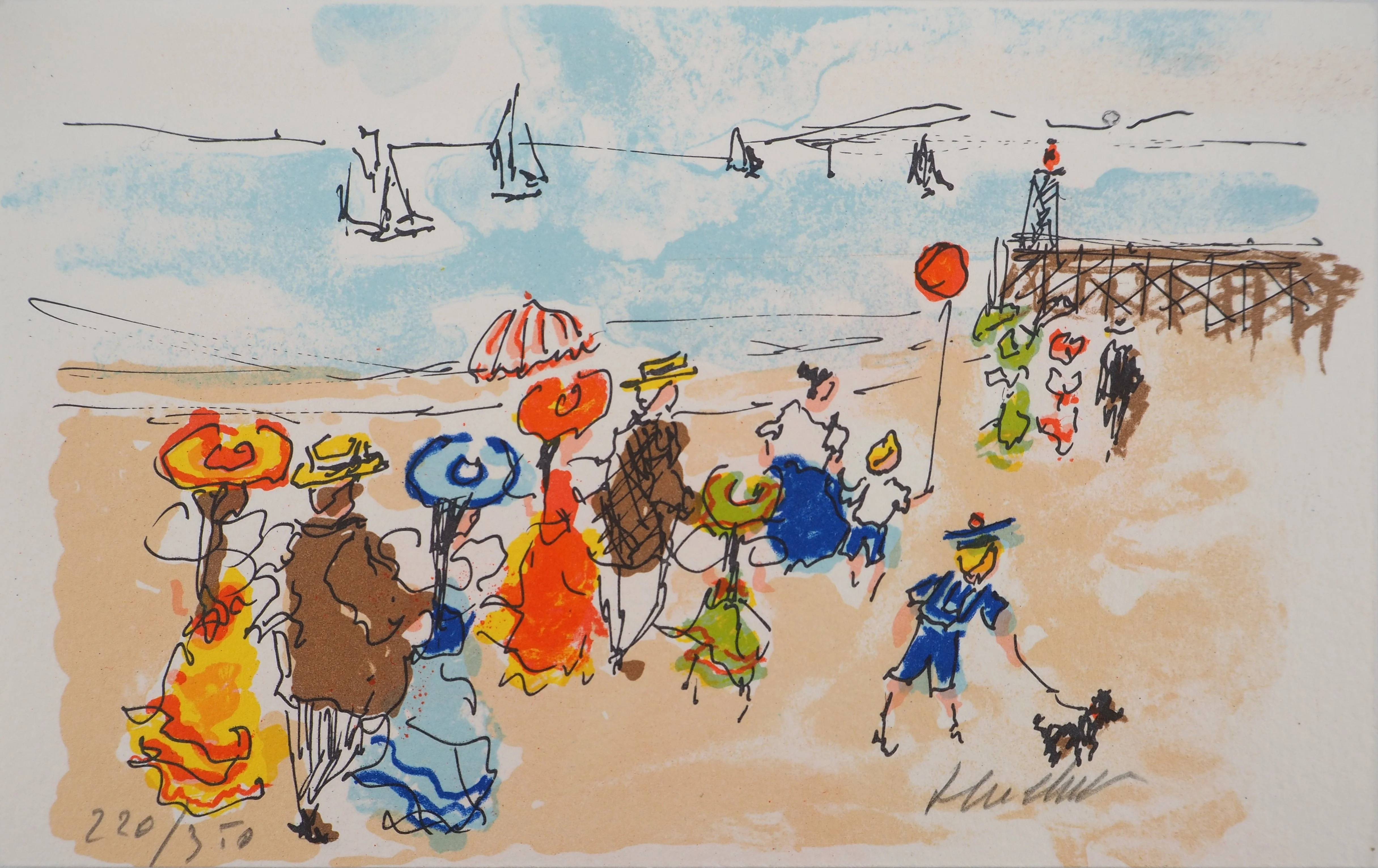 Urbain HUCHET : La plage à Deauville, Lithographie originale signée