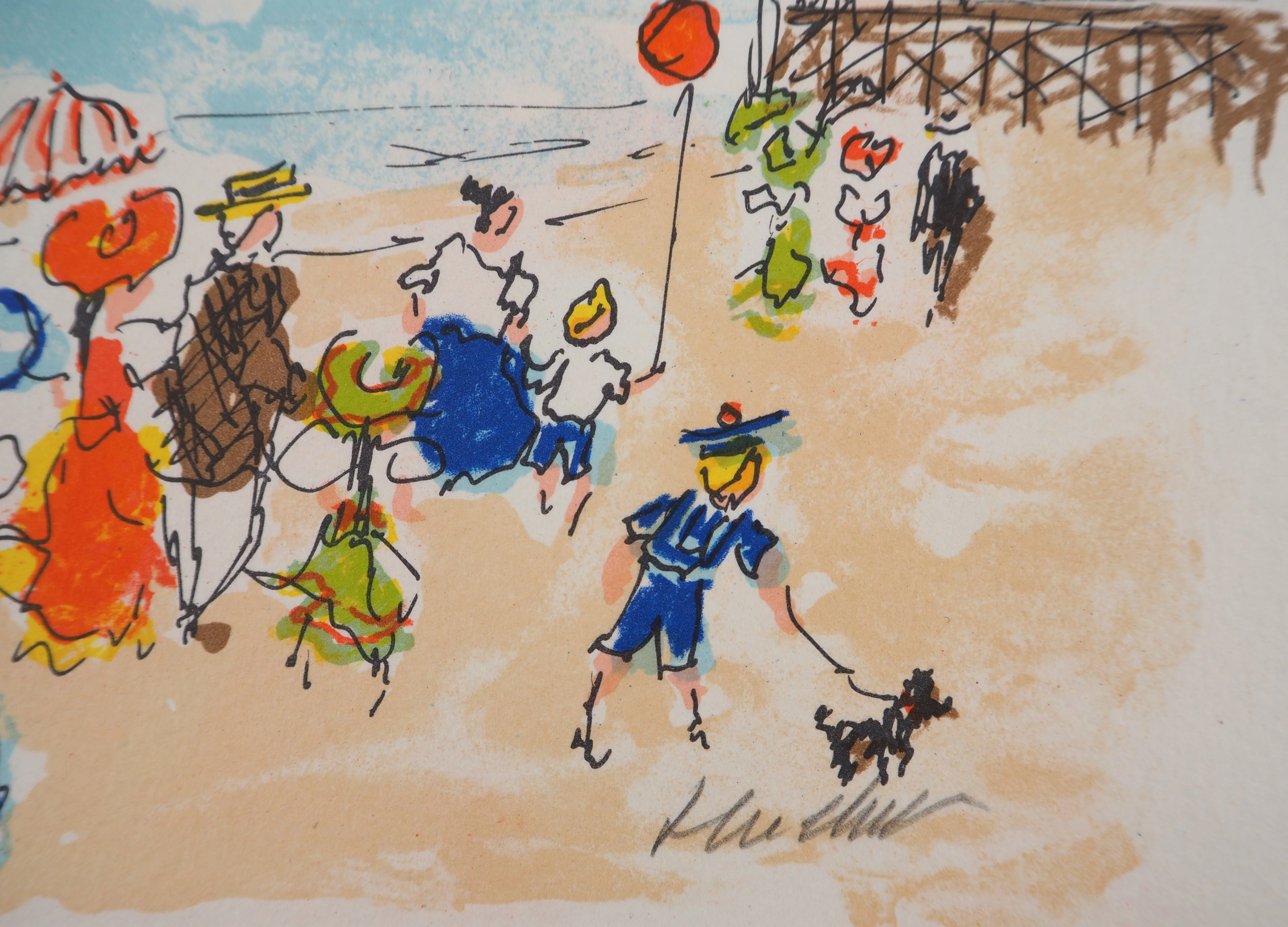 Urbain HUCHET : La plage à Deauville, Lithographie originale signée - Image 2