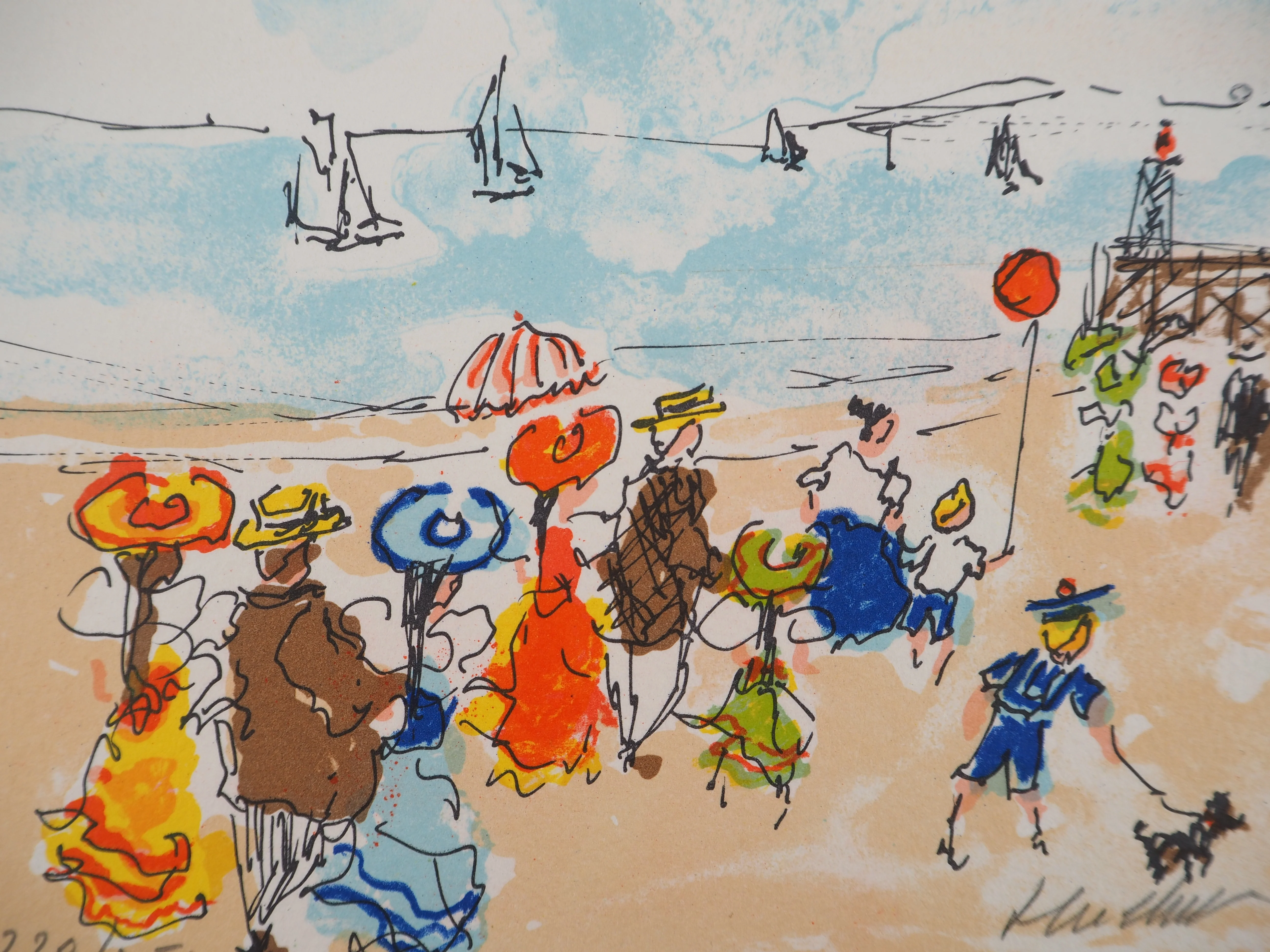 Urbain HUCHET : La plage à Deauville, Lithographie originale signée - Image 3