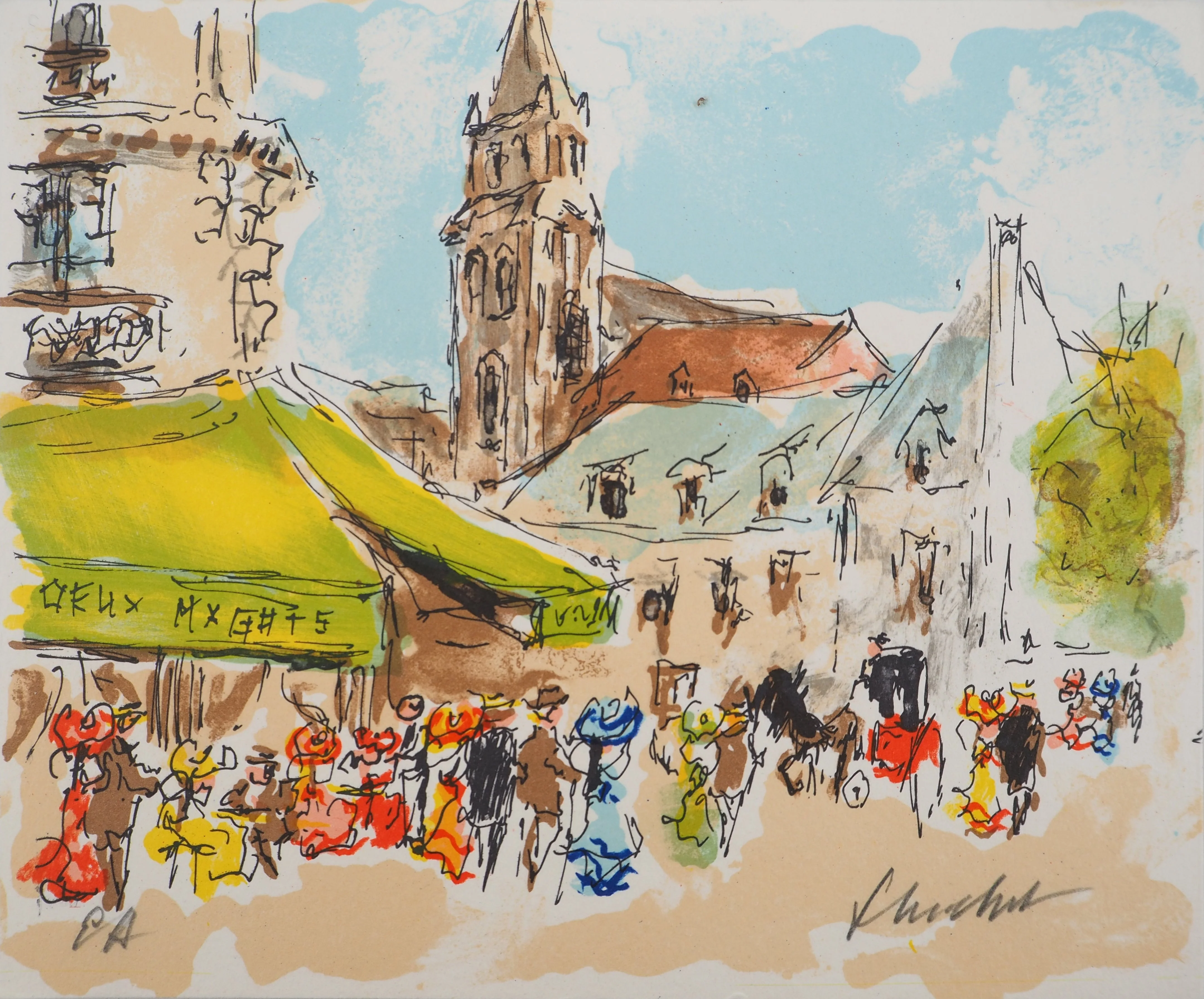 Urbain HUCHET : Paris, Les Deux Magots à Saint Germain des Prés, Lithographie originale signée