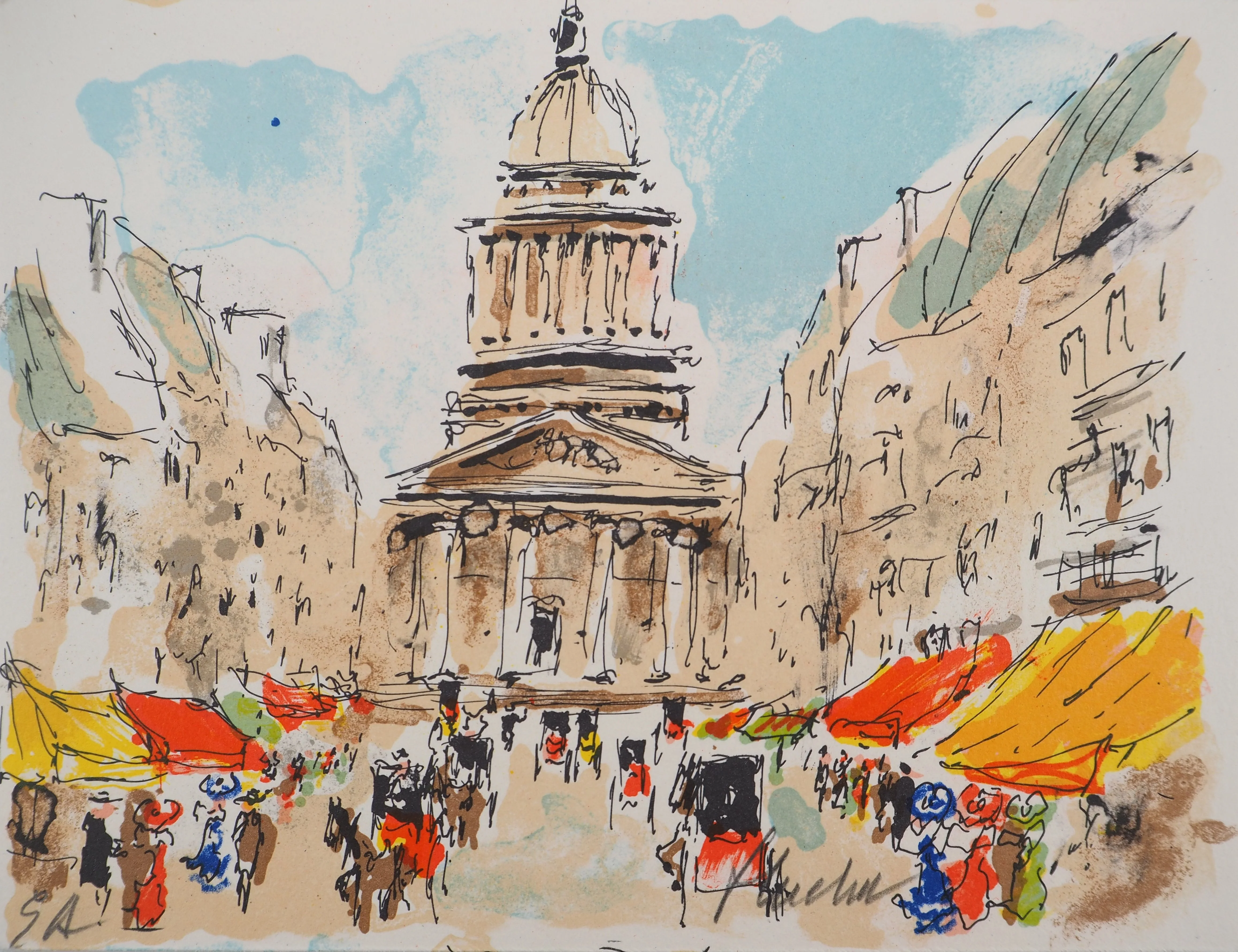 Urbain HUCHET : Paris, Place du Panthéon, Lithographie originale signée