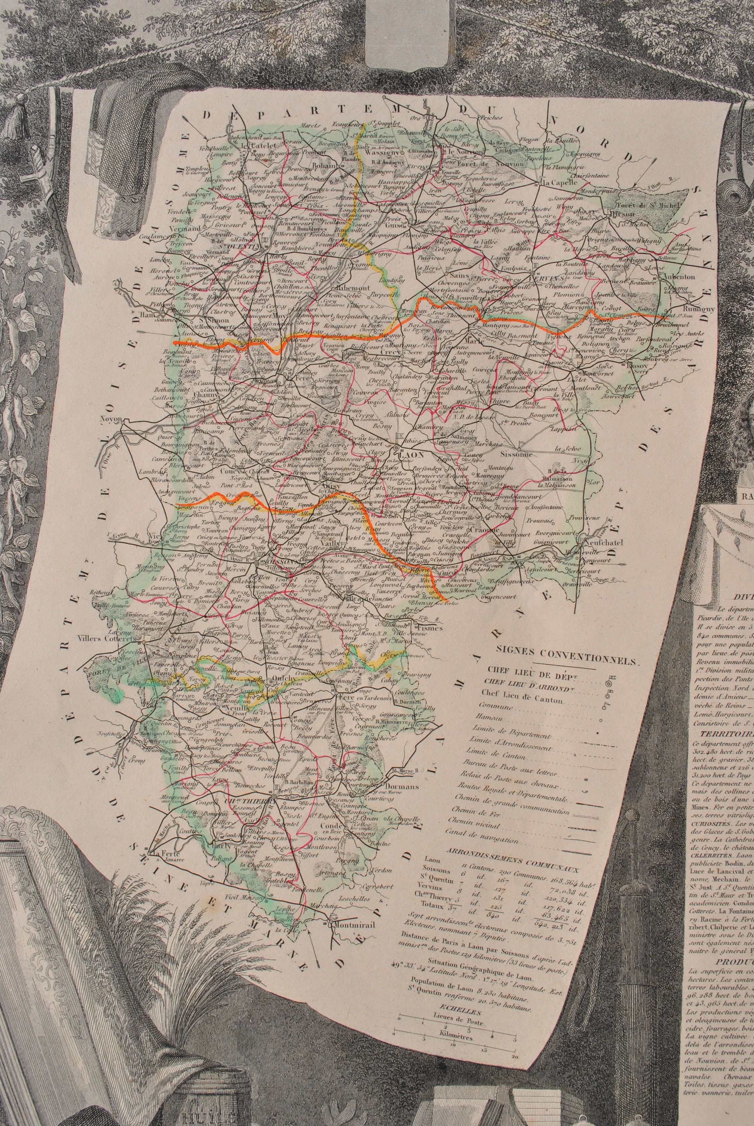 Victor LEVASSEUR : Carte ancienne de l'Aisne et ses arrondissements, Gravure originale - Image 4
