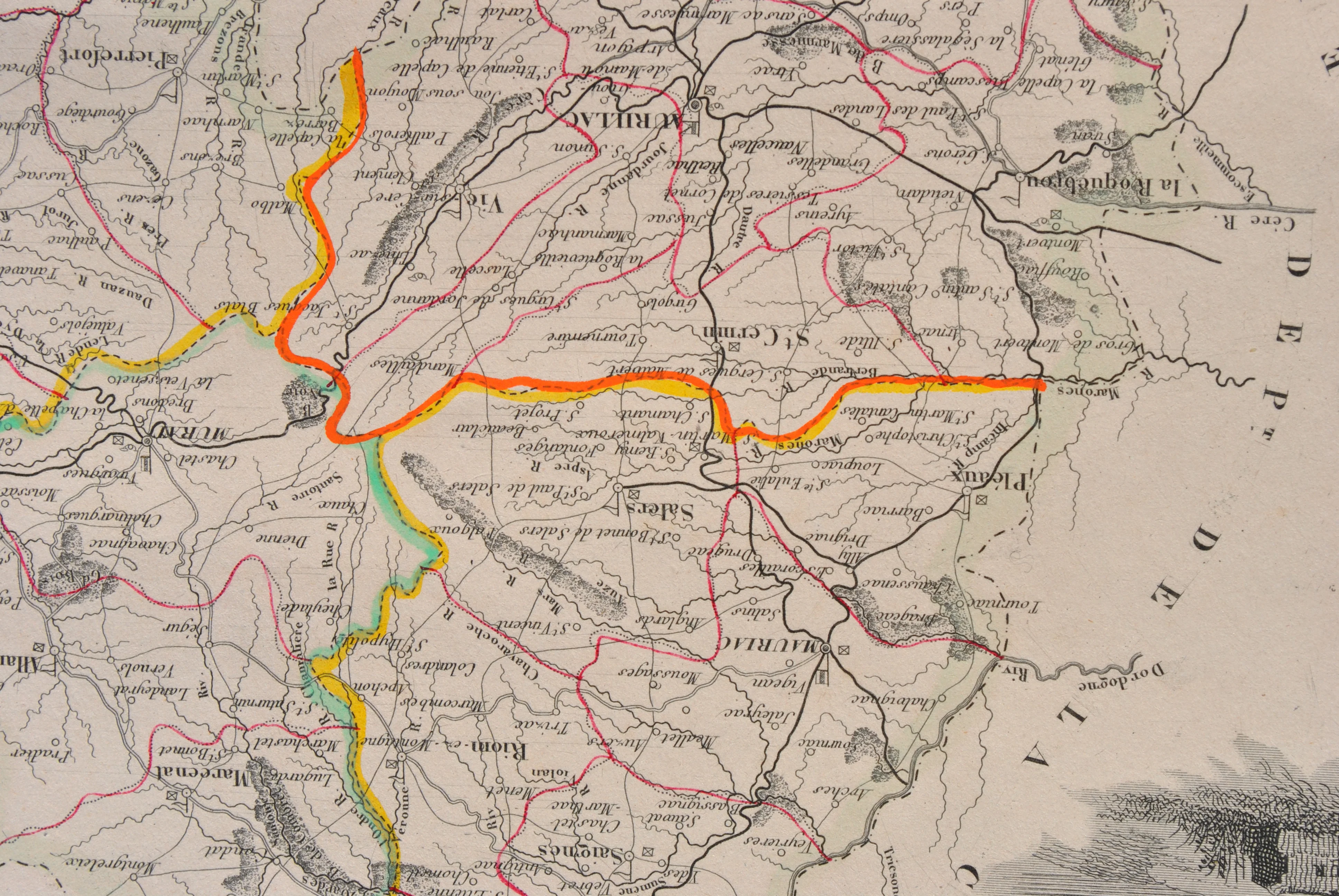 Victor LEVASSEUR : Carte ancienne du Cantal et ses arrondissements, Gravure originale - Image 9