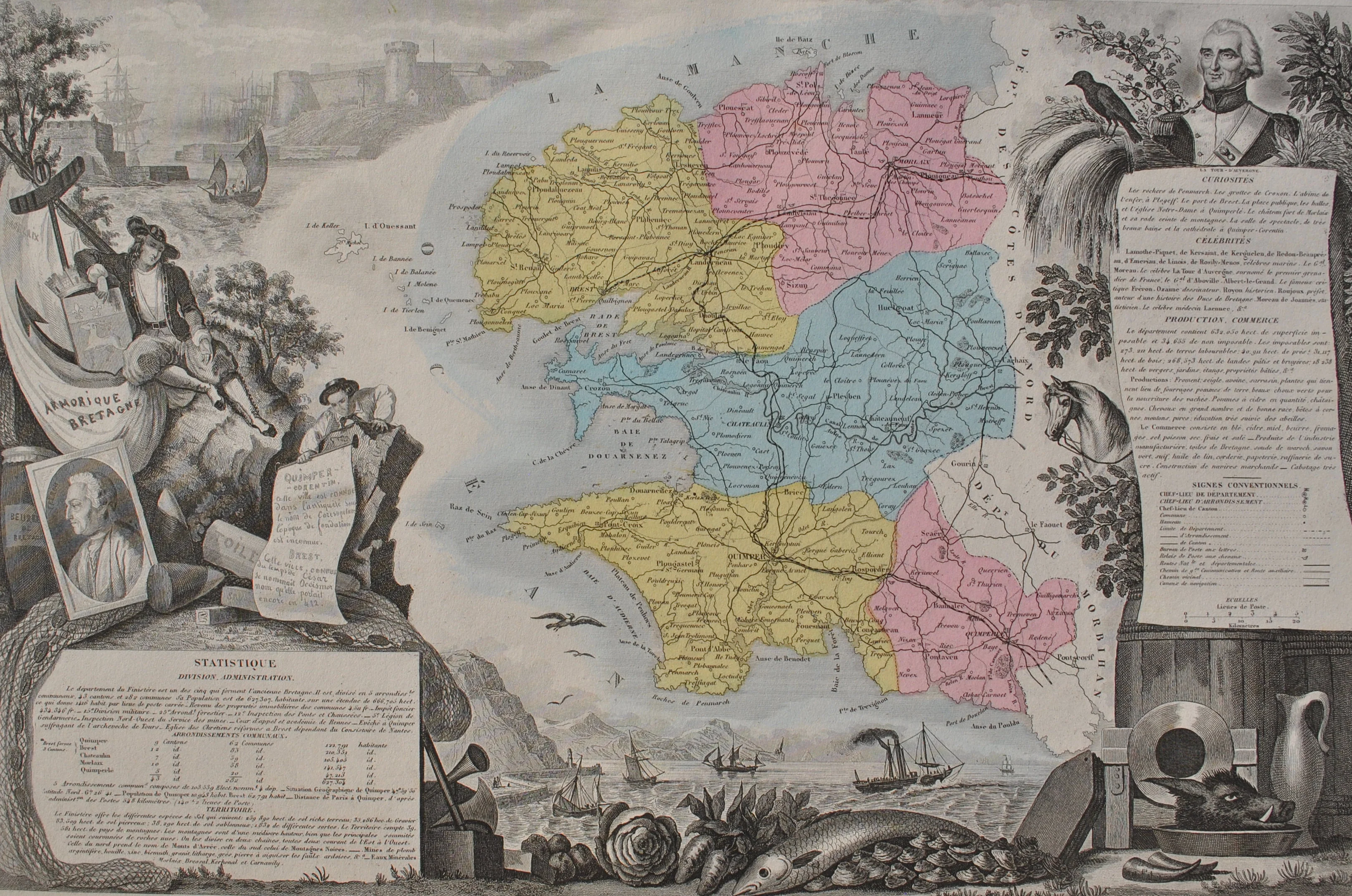 Victor LEVASSEUR : France, Carte ancienne du Finistère, Gravure originale - Image 2