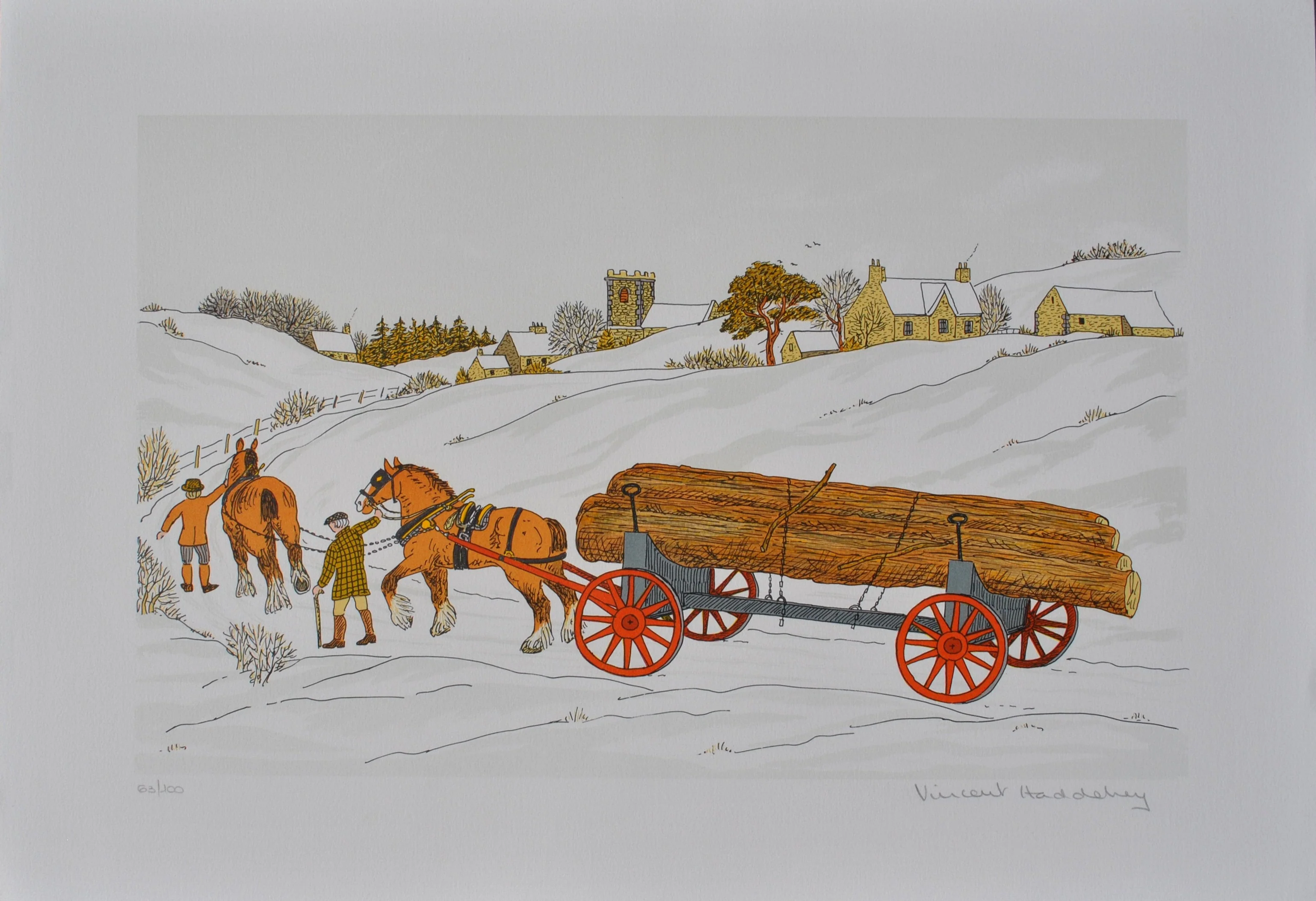 Vincent HADDELSEY : Attelage en hiver, Lithographie originale signée