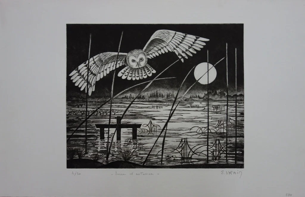 Simone VRAIN : Lune d’automne, Gravure originale signée