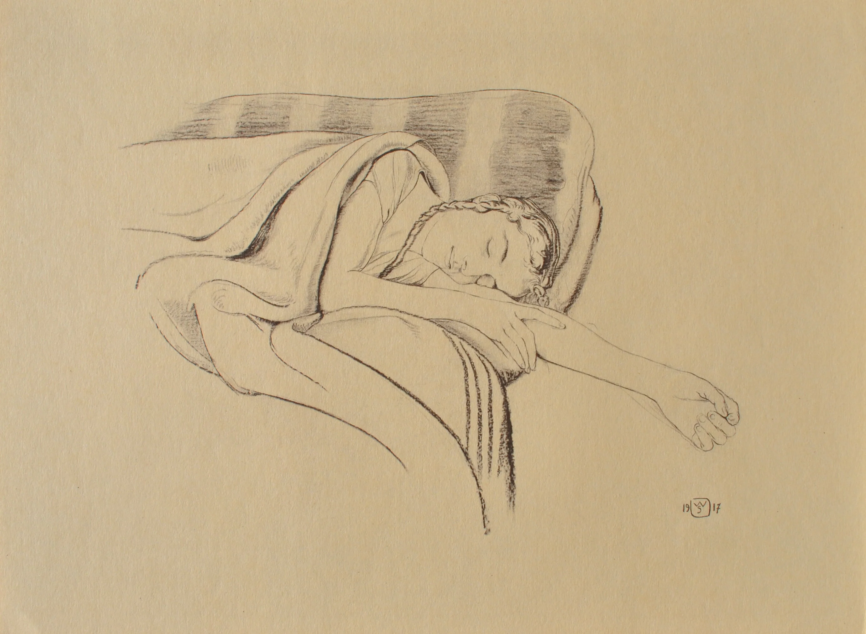 Walter SAUER : Jeune femme dormant, Gravure signée
