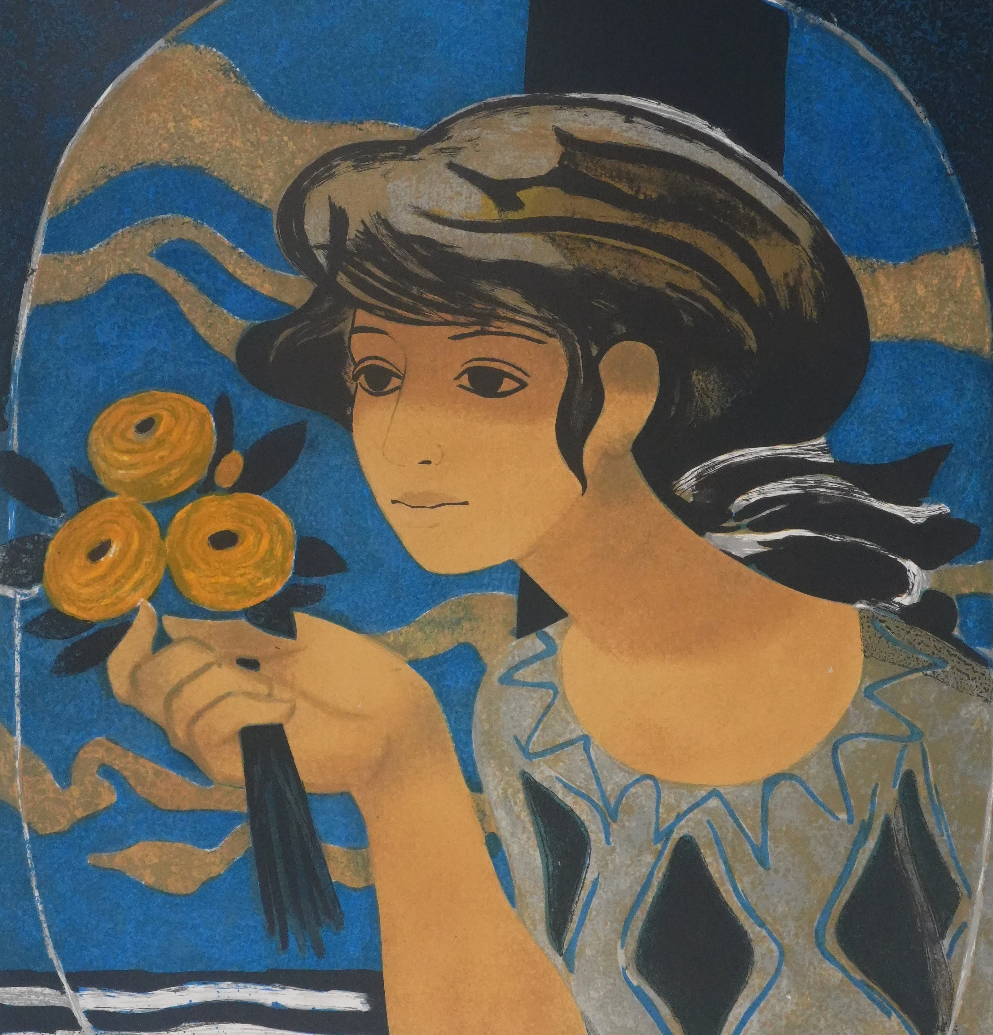 Yves GANNE : Femme au bouquet sur fond bleu, Lithographie originale signée - Image 4